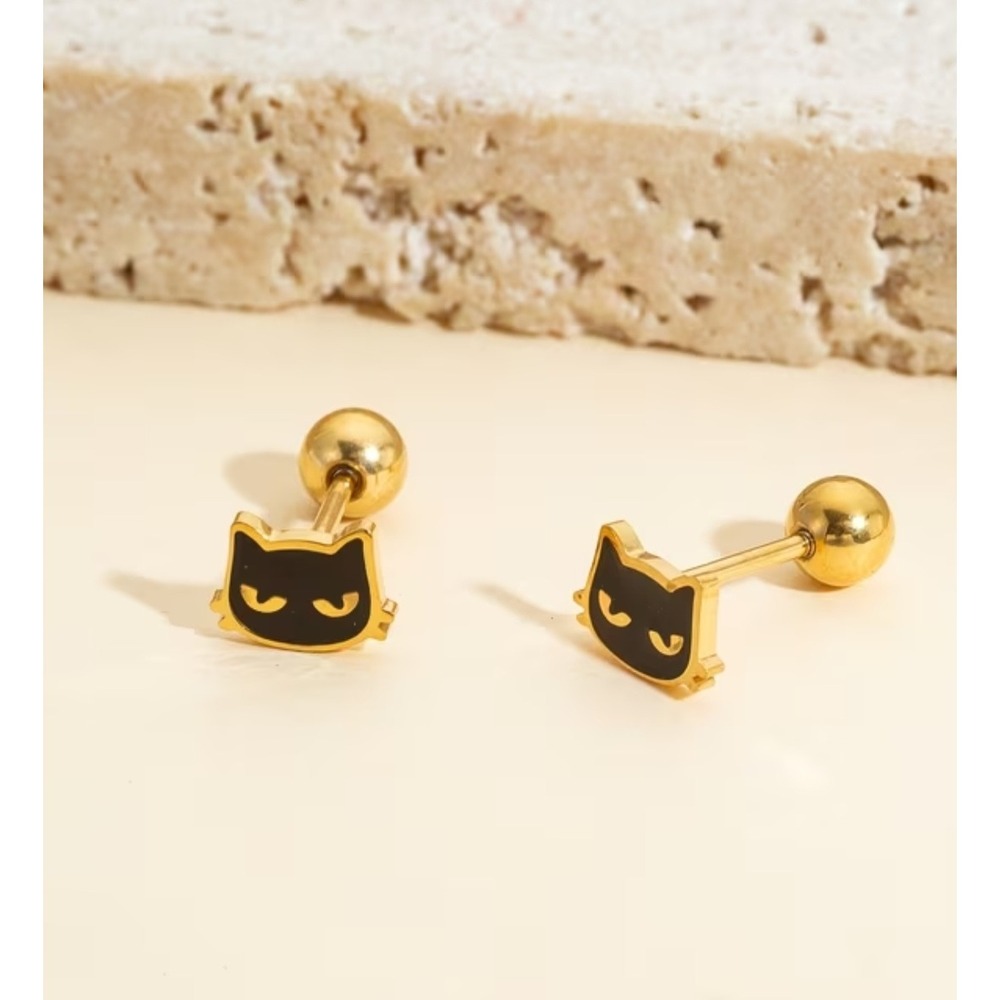 Black Enamel Cat Stud Earrings Halloween Screw On Piercing Jewelry